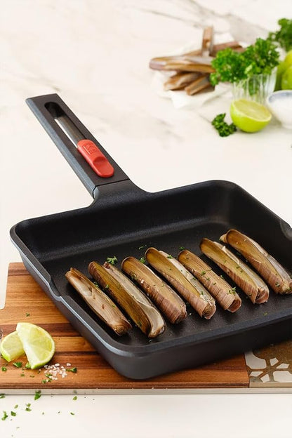 BRA COOKWARE Infinity Nonstick Ribbed Grill Pan (11x11 Inch) | Cast Aluminum Searing Skillet | Removable Handle | PFOA/PFAS Free Square Griddle | All Cooktops (incl Induction) Grilling Skillet