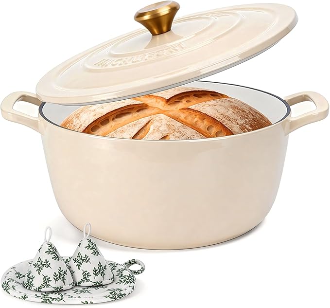 Enameled Cast Iron Dutch Oven - JINCHUFURI 5 Quart Cast Iron Dutch Oven Enameled Oven with Lid for Sourdough Bread Baking, Pre-Seasoned Pot Oven Safe by JINCHUFURI