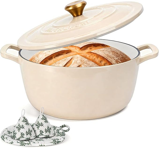 Enameled Cast Iron Dutch Oven - JINCHUFURI 5 Quart Cast Iron Dutch Oven Enameled Oven with Lid for Sourdough Bread Baking, Pre-Seasoned Pot Oven Safe by JINCHUFURI