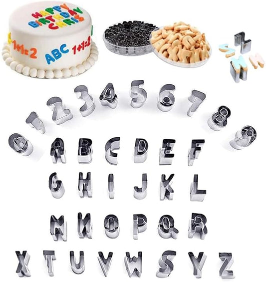 Mini Alphabet Number Cookie Cutters Sets of 37 Pieces Letter Mold Tools for Fondant Biscuit,Cake,Fruit,Vegetables,or Dough Stainless Steel