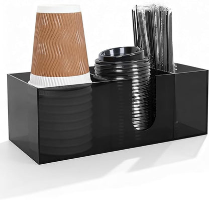 Acrylic Coffee Cup Holder for Countertop, 3 Slots Acrylic Coffee Bar Accessories and Organizer Anti Slip Waterproof, Clear Coffee Station Organizer for Cup Lid Straw,Transparent Black