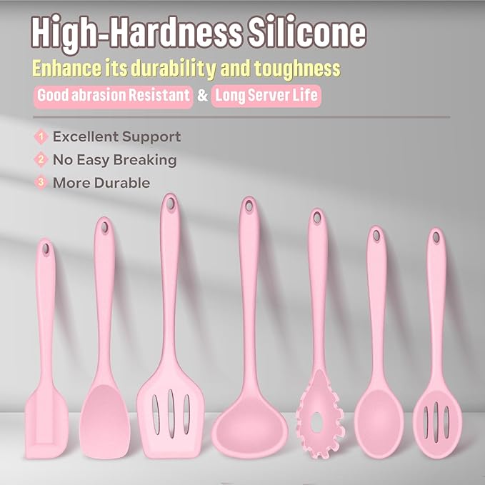 E-far Silicone Cooking Utensils Set, 7-Piece Pink Heat Resistant Kitchen Utensils Set, Kitchen Nonstick Tools Spatula Ladle Spoon Pasta Server for Non-stick Cookware, Non-Toxic & Dishwasher safe - Image 6