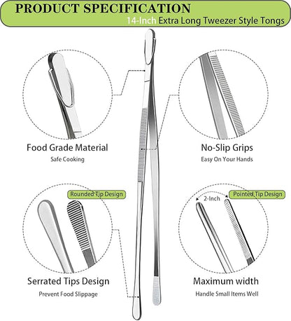 JETKONG 2 Pcs 14-Inch Food Tweezers Stainless Steel Tweezer Tongs Extra-Long Cooking Tweezers (Silver) - Image 2
