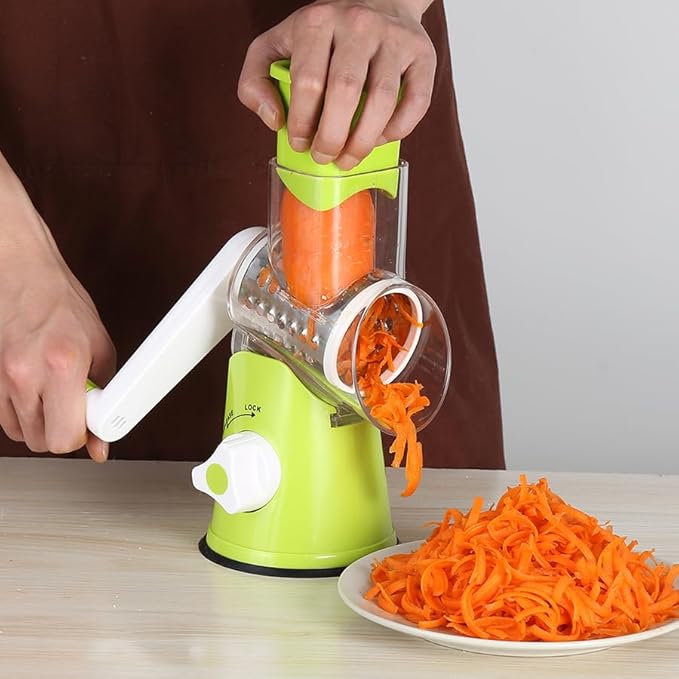 Ourokhome Rotary Cheese Grater Hand Crank, Kitchen Shredder Speed Mandolin Slicer Nut Grinder with Handle and Drum Blades for Cheese, Vegetable, Walnut, Chocolate, Potato, Carrot, 3 Blades, Green - Image 9