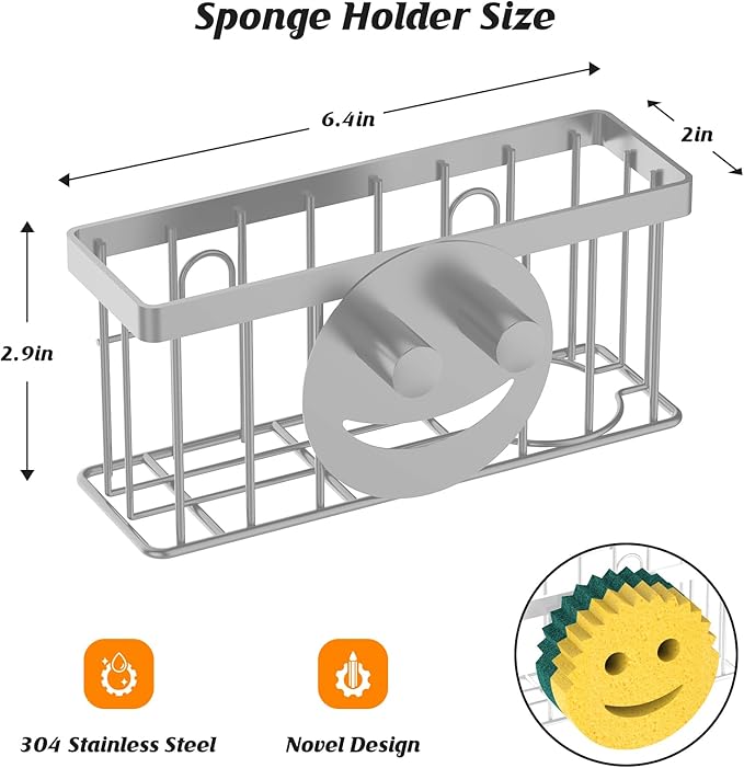 MURLONG Sponge Holder Smiley Face,Sink Caddy,Kitchen Organizer with 2 Suction Cups/1 Adhesive Strips,Designed for Sponge,Soap,Dish Brush,Scrubber - Gray - Image 2