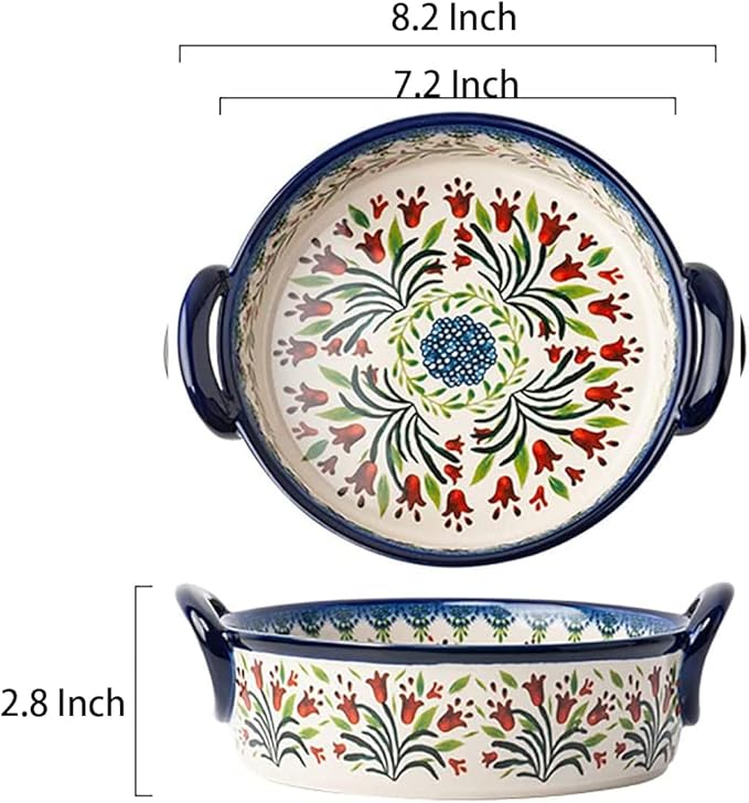 Vintage Style Tulip Flower Pattern Ceramic Bakeware Casserole Dish Baking Pan Lasagna Pans Baking Dish with Handles for Oven/Cooking/Kitchen-1 PCS-32 OZ - Image 2