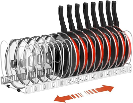 Housolution Pot and Pan Organizer Rack for Cabinet, Upgraded Expandable Pot Lid Organizer with 14 Adjustable Dividers, Pan Holder Storage Rack for Kitchen Cabinet, White by Housolution