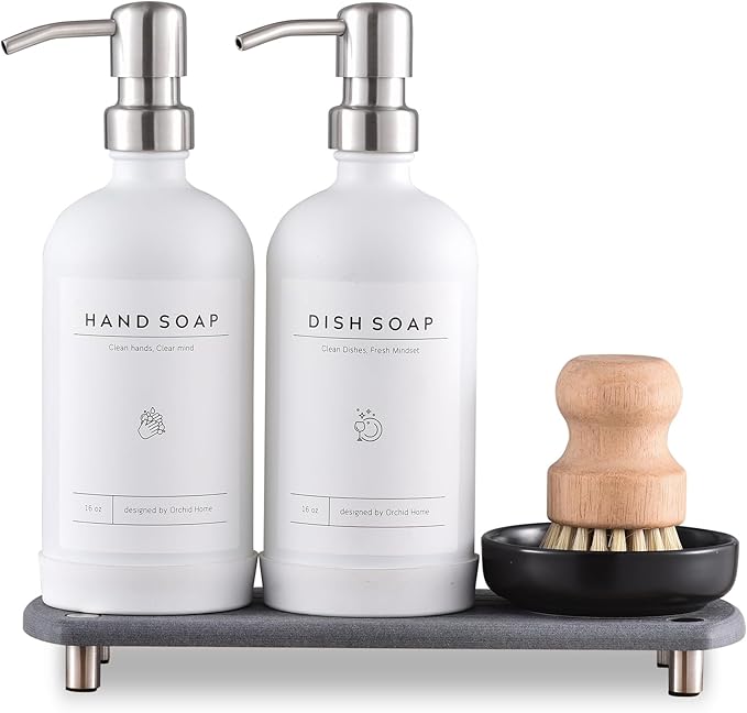 [Luxury] Kitchen Soap Dispenser Set - 16OZ White Glass Bottle, Stainless Steel Pump, Instant Dry Tray, Waterproof Labels, Non-Slip Silicone Pad, and Dish Brush | Upgrade for Your Kitchen and Bathroom by ORCHID+HOME
