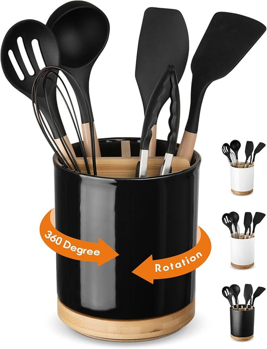 LoeJan 3 Compartment Utensil Holder, Extra Large Utensil Crock, Stable Ceramic Utensil Organizer, Cooking Tool Organizer Set for Kitchen Counter Farmhouse Decor (D-Black(Grossy)) by LoeJan