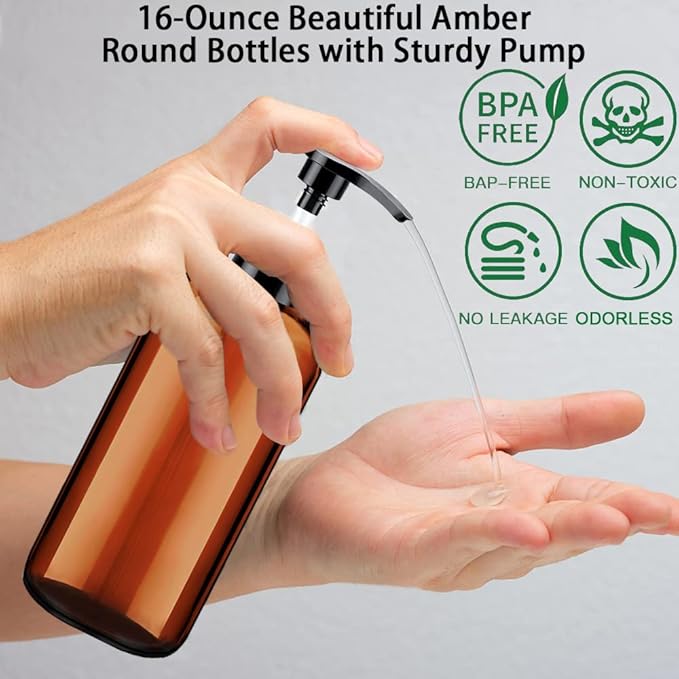 Soap Dispenser with Rust Proof Pump, Waterproof Labels (2 Pack,16 Oz) Bathroom, Plastic Hand Dish Soap Dispenser for Kitchen, Premium Thick Soap Pump Bottles (Amber) - Image 4