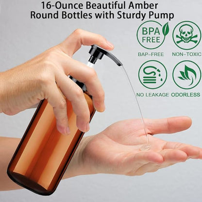 Soap Dispenser with Rust Proof Pump, Waterproof Labels (2 Pack,16 Oz) Bathroom, Plastic Hand Dish Soap Dispenser for Kitchen, Premium Thick Soap Pump Bottles (Amber) - Image 4