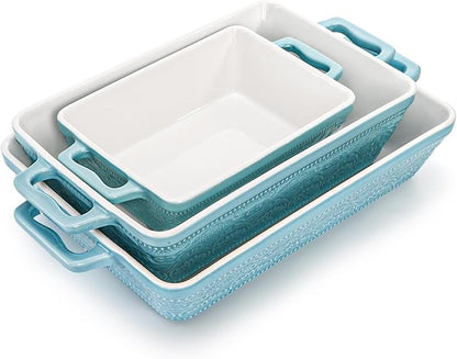 Hacaroa Set of 3 Ceramic Baking Dishes, Rectangular Bakeware with Handles, Elegant Casserole Dish Set Lasagna Pan for Baking, Cooking, Cake Dinner, Banquet, Lake Blue, 3 Sizes - Image 3