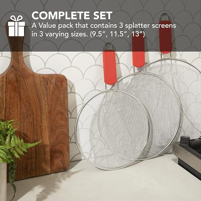 Alpha Living 60134ST Set of 3 Splatter Screens – 13", 11.5", and 9.5" Stainless Steel Fine Mesh, Comfort Grip Handles – Grease & Oil Guard for Frying Pans, Boiling Pots, Safe Cooking Lid Set of 3 - Image 4