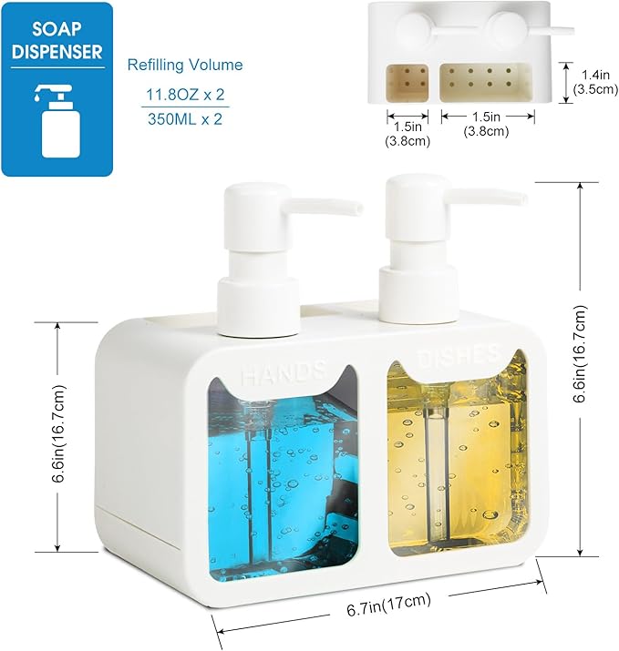 Kitchen Soap Dispenser Set, with Hand and Dish Soap, Sponge Caddy and Brush Holder 4-in-1 Kitchen Dual Soap Dispenser Set for Kitchen Sink, Bathroom - White - Image 6