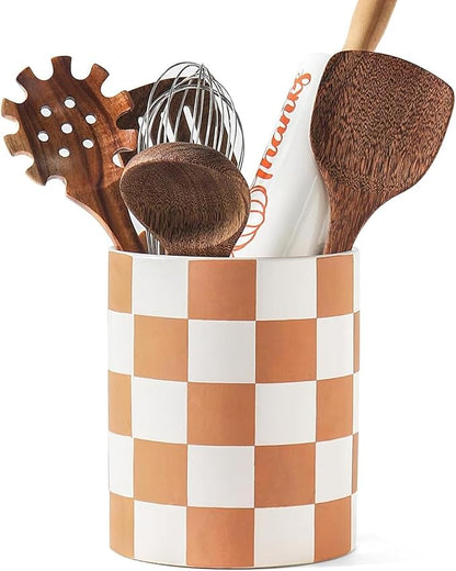 Utensil Holder，7.2 Inch Checkered Utensil Holder, Ceramic Cooking Utensil Spoon/Spatula Holder for Countertop, Kitchen Decor and Accessories for counte(Brown) by Swkien