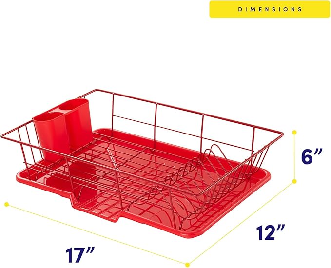 Sweet Home Collection Space-Saving 3-Piece Dish Drainer Rack Set: Efficient Kitchen Organizer for Quick Drying and Storage - Includes Cutlery Holder and Drainboard - Maximize Countertop Space, Red - Image 6