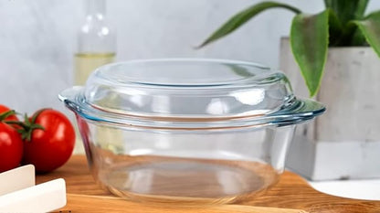 Ums 2.2 Quart Glass Casserole Dish with Lid, Round Glass Baking Dishes for Oven with Lid, Round Covered Casserole Dish, Microwave and Dishwasher Safe Clear Bakeware