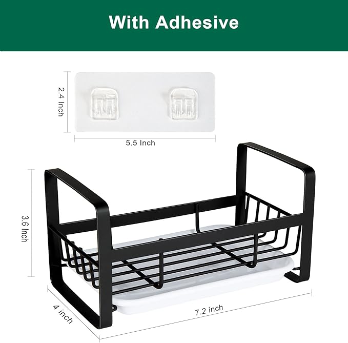 TEZZ Sponge Holder for Kitchen Sink- Stainless Steel Kitchen Sink Caddy for Organizing Sponge, Brush & Soap Dish Dispenser, coutertop Organizer Rack with Adhesive or Counter top, Black - Image 6