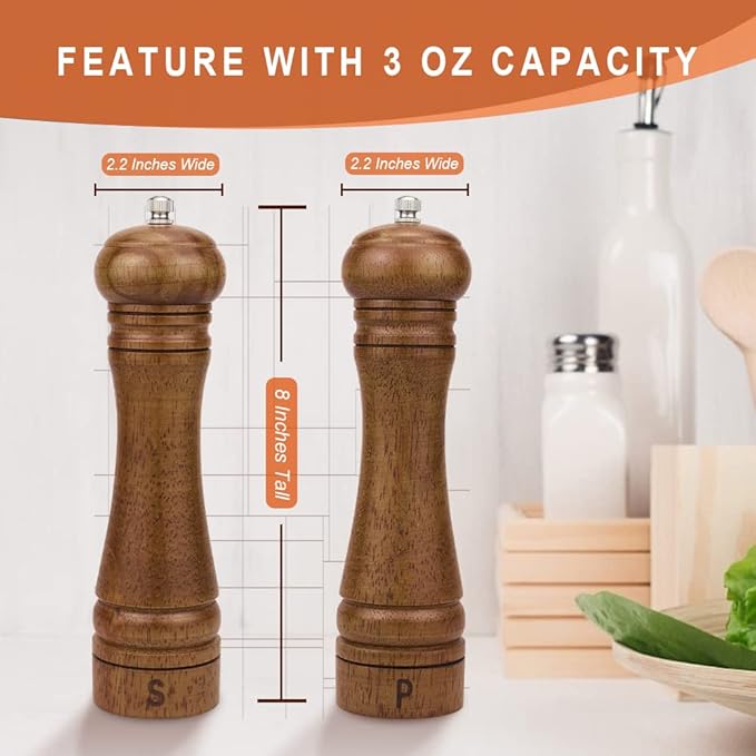 XWXO Wood Salt and Pepper Grinder Set, Salt Mill Pepper Grinder Set, Pepper Mill, Salt Shakers with Adjustable Ceramic Rotor- Oak Wood Pepper Grinder for Your Kitchen 8 inches - Pack of 2 - Image 6