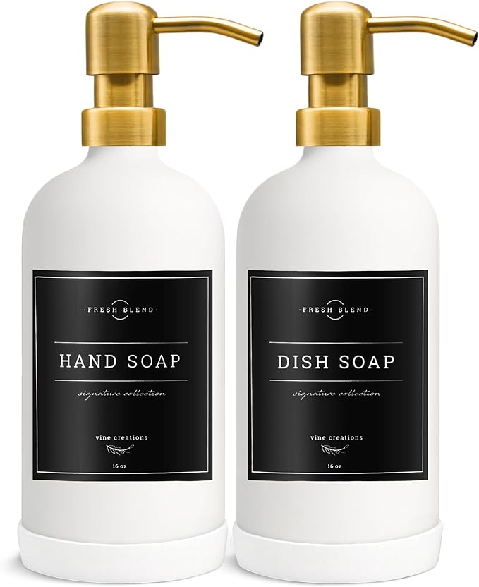 Vine Creations Glass Soap Dispenser, 2 Pack Kitchen Soap Dispenser Set with Stainless Steel Pump, 16 oz Dish Soap and Hand Soap Dispensers for Bathroom with Waterproof Labels (White) - Image 7