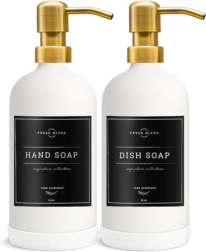 Vine Creations Glass Soap Dispenser, 2 Pack Kitchen Soap Dispenser Set with Stainless Steel Pump, 16 oz Dish Soap and Hand Soap Dispensers for Bathroom with Waterproof Labels (White) - Image 7