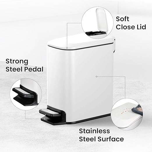 Cesun Small Bathroom Trash Can with Lid Soft Close, Step Pedal, 6 Liter / 1.6 Gallon Stainless Steel Slim Garbage Can for Bedroom, Diaper Waste Basket with Removable Inner Bucket (White) - Image 3