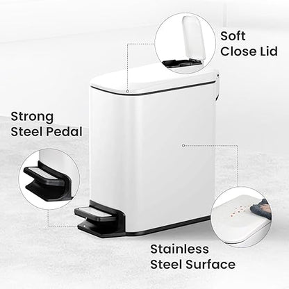 Cesun Small Bathroom Trash Can with Lid Soft Close, Step Pedal, 6 Liter / 1.6 Gallon Stainless Steel Slim Garbage Can for Bedroom, Diaper Waste Basket with Removable Inner Bucket (White) - Image 3