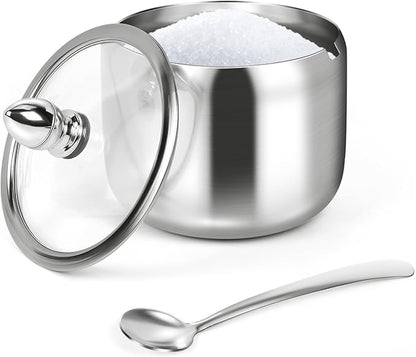 holoith Sugar Container with Glass Lid and Spoon - 10oz Stainless Steel Sugar Bowl for Coffee Bar Station Accessories Kitchen Storage for Salt, Candy, Coffee Bean (Silver) by Holoith