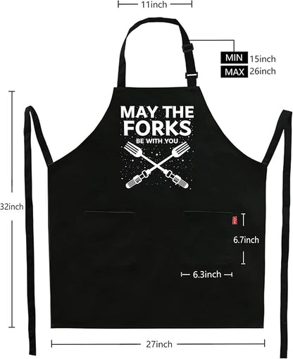 Kaidouma Funny Grill Aprons for Men - May The Forks Be With You - Men’s Funny Chef Cooking Grilling BBQ Aprons with 2 Pockets - Birthday Father’s Day Christmas Gifts for Dad, Husband, Movie Fans