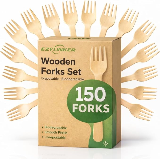 150Pack Compostable Forks - Alternative to Plastic Fork & Bamboo Forks, Eco Friendly, Biodegradable, Compostable Tableware Set - 100% Disposable Flatware for Lounge Party Wedding BBQ Picnic Camping by EZYLINKER