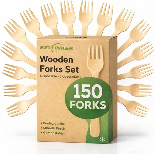 150Pack Compostable Forks - Alternative to Plastic Fork & Bamboo Forks, Eco Friendly, Biodegradable, Compostable Tableware Set - 100% Disposable Flatware for Lounge Party Wedding BBQ Picnic Camping by EZYLINKER