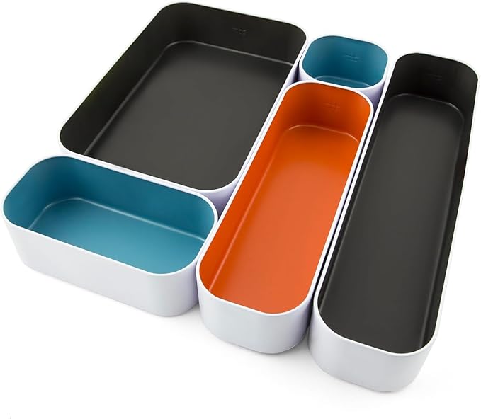 Three by Three Seattle 5 Piece Metal Organizer Tray Set for Storing Makeup, Stationery, Utensils, and More in Office Desk, Kitchen and Bathroom Drawers (2 Inch, Multicolor) by ThreebyThreeSeattle