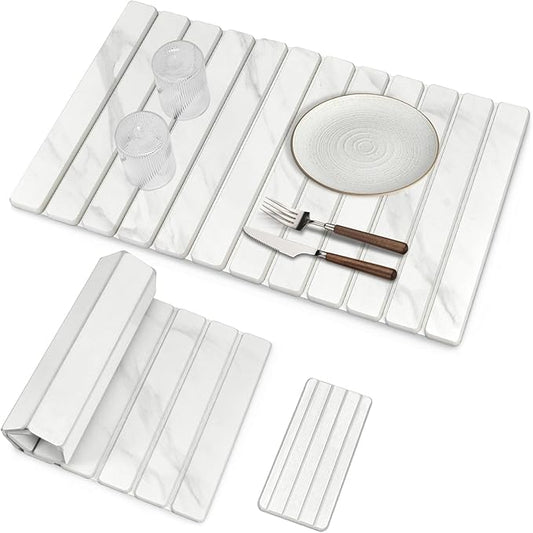 2 PCS Extra Large Stone Dish Drying Mats for Kitchen Counter, 28"(L)×16"(W) Marble-Pattern Dish Drying Mat with 8"x 4" Coasters, Eco-Friendly Diatomite Dish Drying Mat - Fits All Countertops by Unknown