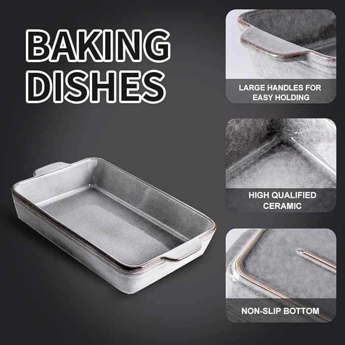 KOOV Bakeware Set, Ceramic Baking Dish Set, Rectangular Casserole Dish Set, Lasagna Pan, Baking Pans Set for Cooking, Cake Dinner, Kitchen, 9 x 13 Inches, Reactive Glaze 3-Piece, Variable Grey - Image 2