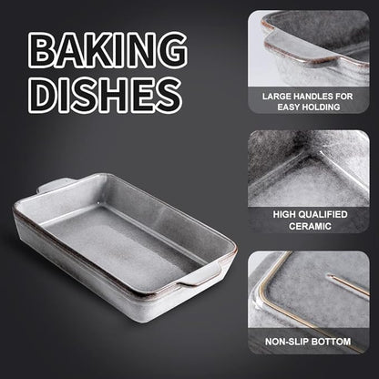 KOOV Bakeware Set, Ceramic Baking Dish Set, Rectangular Casserole Dish Set, Lasagna Pan, Baking Pans Set for Cooking, Cake Dinner, Kitchen, 9 x 13 Inches, Reactive Glaze 3-Piece, Variable Grey - Image 2