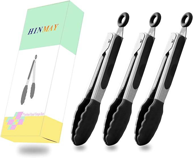 HINMAY Mini Tongs with Silicone Tips 7-Inch Kitchen Tongs, Set of 3 (Black) - Image 5