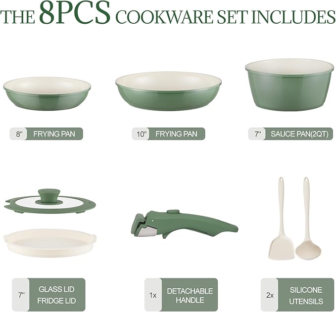 Ceramic Cookware Set Non Stick 8Pcs Pots and Pans Set Detachable Handle Induction Kitchen Cooking Set with Frying Pans Oven Dishwasher Safe, PFAS/PFOA Free, Forest Green - Image 2