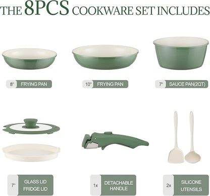 Ceramic Cookware Set Non Stick 8Pcs Pots and Pans Set Detachable Handle Induction Kitchen Cooking Set with Frying Pans Oven Dishwasher Safe, PFAS/PFOA Free, Forest Green - Image 2