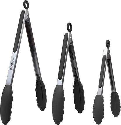 Popco 3-Piece Kitchen Tongs Set – Stainless Steel Heat Resistant Silicone Tips, Strong Comfort Grip, 3 Sizes (7, 9, 12 Inch), Non-Scratch, Dishwasher Safe, For Cooking, BBQ, Salad by POPCO