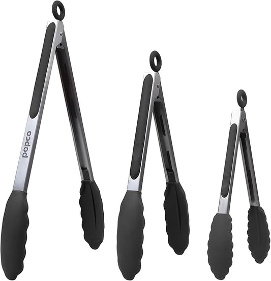 Popco 3-Piece Kitchen Tongs Set – Stainless Steel Heat Resistant Silicone Tips, Strong Comfort Grip, 3 Sizes (7, 9, 12 Inch), Non-Scratch, Dishwasher Safe, For Cooking, BBQ, Salad by POPCO