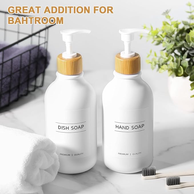 KASUNTING White Soap Dispenser, 2 Pack Plastic Bathroom Hand Soap and Lotion Dispenser Set with Bamboo Pump, 17 Fl Oz Hand and Dish Soap Dispensers Set for Kitchen, Refillable Liquid Soap Bottles - Image 6