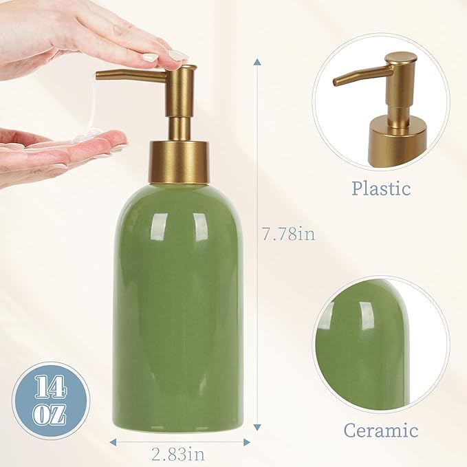 Natheeph 14OZ Ceramic Soap Dispenser Ceramic Soap Pump Dispenser Can Fill Liquid for Bathroom/Kitchen (Green) - Image 2