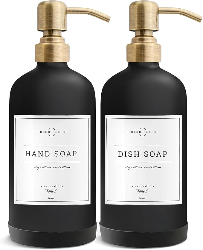 Vine Creations Black Glass Soap Dispenser, 2 Pack Kitchen Soap Dispenser Set with Stainless Steel Pump, 16 oz Dish Soap and Hand Soap Dispensers for Bathroom with Waterproof Labels by VineCreations