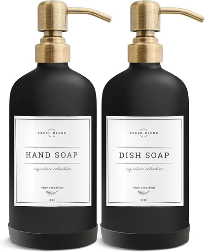 Vine Creations Black Glass Soap Dispenser, 2 Pack Kitchen Soap Dispenser Set with Stainless Steel Pump, 16 oz Dish Soap and Hand Soap Dispensers for Bathroom with Waterproof Labels by VineCreations