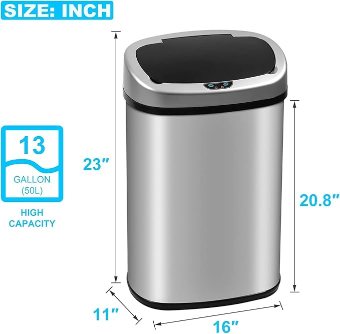 Bigacc Kitchen Trash Can | Stainless Steel 13 Gallon Trash Can | 50L Touch Free Garbage Can with Lid | Electronic Sensor High Capacity Trash Bin for Bathroom Kitchen Office, Silver - Image 3