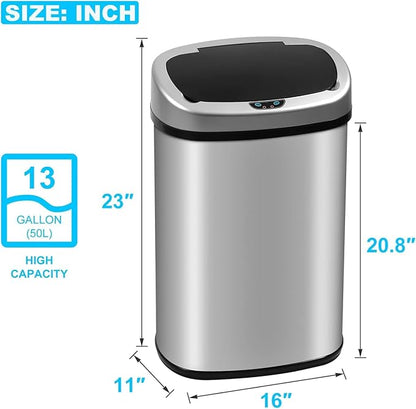 Bigacc Kitchen Trash Can | Stainless Steel 13 Gallon Trash Can | 50L Touch Free Garbage Can with Lid | Electronic Sensor High Capacity Trash Bin for Bathroom Kitchen Office, Silver - Image 3
