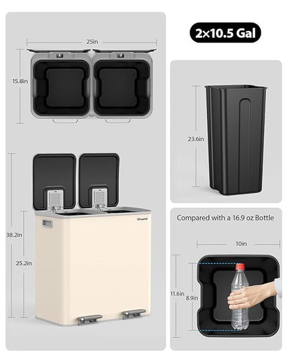 Lovewind Trash Can, 2 x 10.5 Gallon (2 x 40 L) Garbage Can for Kitchen Dual Compartment Recycling Kitchen Step Trash Bin, Stainless Steel Trash and Recycle Bin Combo with Soft-Close Lid, Apricot - Image 7