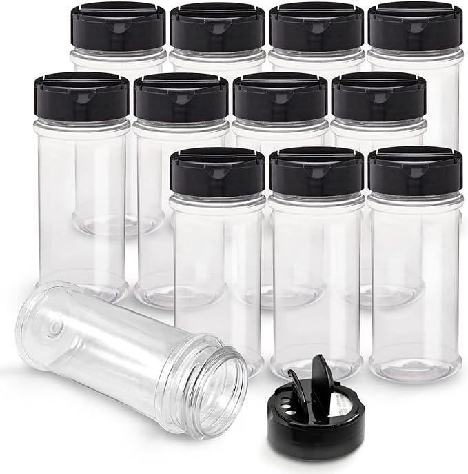 RoyalHouse 12 Pack 5.5 Oz Plastic Spice Jars with Black Cap, Clear and Safe Plastic Bottle Containers with Shaker Lids for Storing Spice, Herbs and Seasoning Powders, BPA Free, Made in USA by RoyalHouse