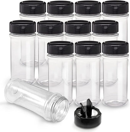 RoyalHouse 12 Pack 5.5 Oz Plastic Spice Jars with Black Cap, Clear and Safe Plastic Bottle Containers with Shaker Lids for Storing Spice, Herbs and Seasoning Powders, BPA Free, Made in USA by RoyalHouse