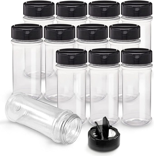 RoyalHouse 12 Pack 5.5 Oz Plastic Spice Jars with Black Cap, Clear and Safe Plastic Bottle Containers with Shaker Lids for Storing Spice, Herbs and Seasoning Powders, BPA Free, Made in USA by RoyalHouse